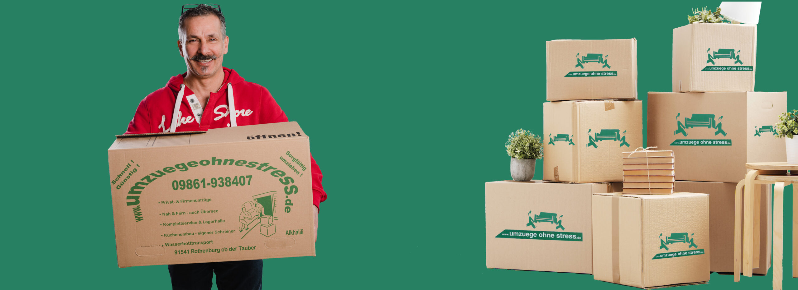 Moving to a new home. Belongings in cardboard boxes, books and green plants in pots stand on the gray floor against the background of a white wall.